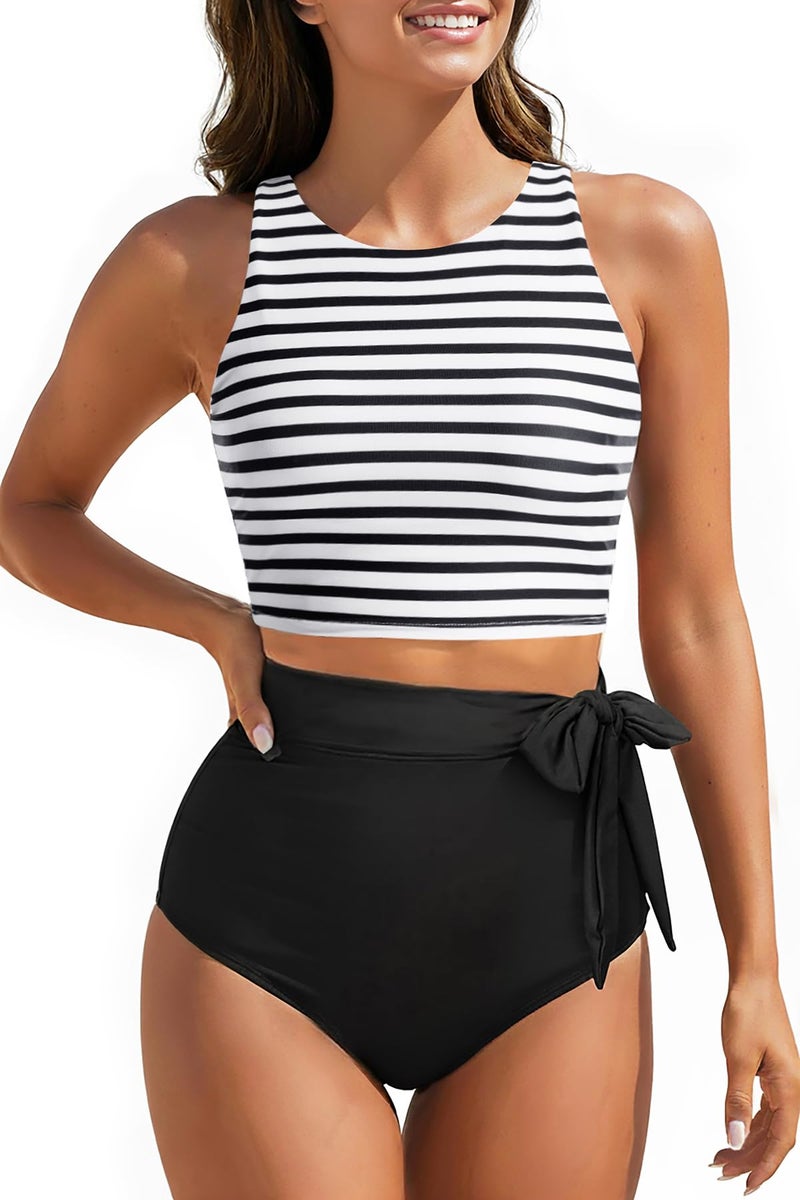 Aqua Eve Women High Waisted Bikini Set Racerback Swimsuit Two Piece Bathing Suit High Neck Swimwear Stripe and Black Large - Image 1
