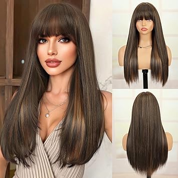 Creamily Long Brown Wig with Bangs for Women Straight Synthetic Wig with Bangs Heat Resistant Layered Natural Looking Wigs for Daily Party Use 26 Inch Deep Brown with Caramel Highlights - Image 1