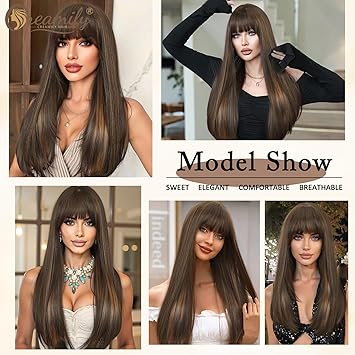 Creamily Long Brown Wig with Bangs for Women Straight Synthetic Wig with Bangs Heat Resistant Layered Natural Looking Wigs for Daily Party Use 26 Inch Deep Brown with Caramel Highlights - Image 4