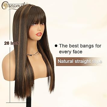 Creamily Long Brown Wig with Bangs for Women Straight Synthetic Wig with Bangs Heat Resistant Layered Natural Looking Wigs for Daily Party Use 26 Inch Deep Brown with Caramel Highlights - Image 3