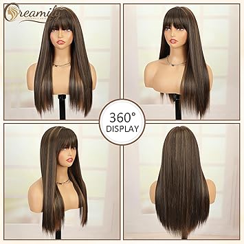 Creamily Long Brown Wig with Bangs for Women Straight Synthetic Wig with Bangs Heat Resistant Layered Natural Looking Wigs for Daily Party Use 26 Inch Deep Brown with Caramel Highlights - Image 5
