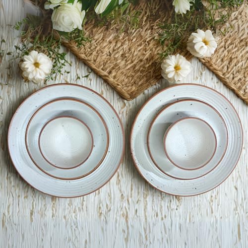 Freakway Hand-Painted Ceramic Dinner Set of 6 Pcs | 2 Stoneware Dinner Plates 10 Inch, 2 Side Plates 7 Inch & 2 Serving Bowls 180 Ml | Microwave & Dishwasher Safe - Off White - Image 1