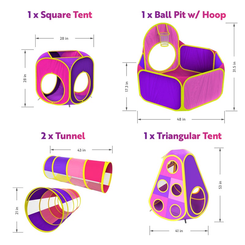 Playz 5pc Kids' Play Tents & Tunnels - Ball Pit for Toddlers, Basketball Hoop, Crawling Tubes, Pop-Up Playhouses, Baby Obstacle Course for Indoor or Outdoor Use - Image 2