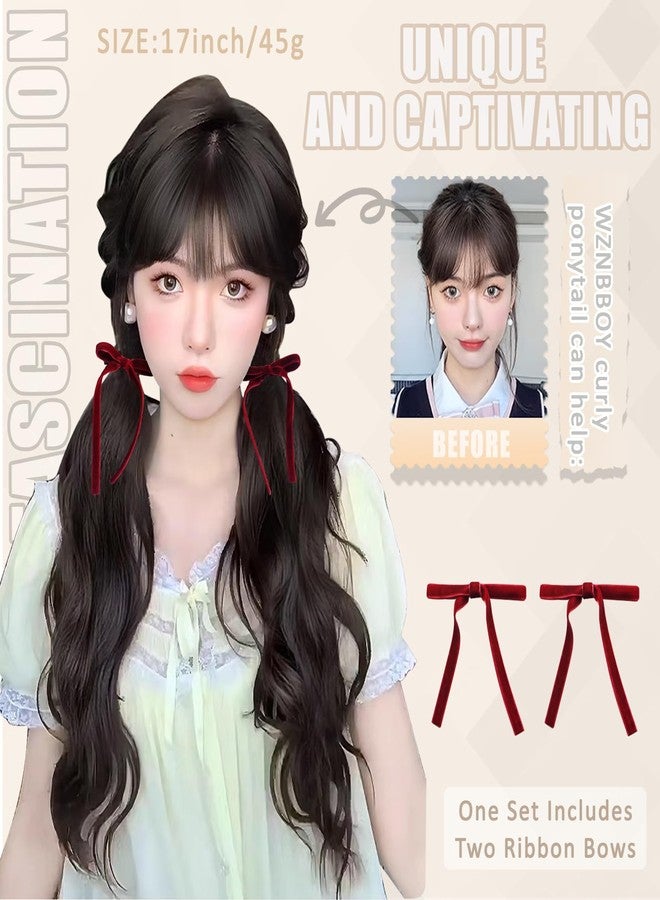 WZNBBOY 2PCS Curly Ponytail Extension with Elastic Tie 17 Inch Natural Wavy Hairpiece Synthetic Pony Tail Hair Extensions Wave Fake Ponytail Hairpieces for Women Daily Wear - Image 2