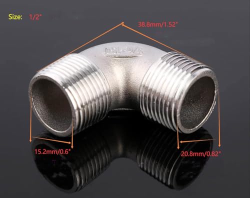 GDFYMI Pipe Fittings, 1/2" NPT 90 Degree Elbow, 304 Stainless Steel Barstock Street Elbow, Cast Pipe Fitting, Right Angle Ell 1/2" Male x 1/2" Male (2Pcs) - Image 2
