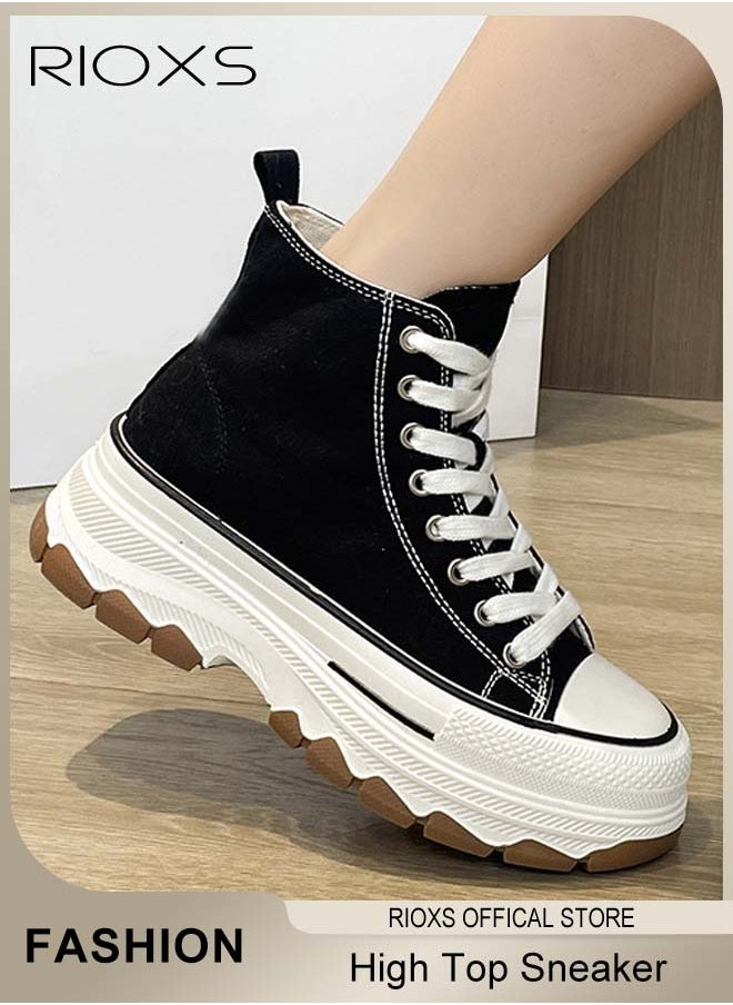 RIOXS Women's Casual Canvas Sneakers, Classic High Top Sneakers, Lightweight Lace Up Shoes, Fashion Breathable Platform Shoes, Comfortable Canvas Shoes For Women, Thick-soled Shoes For Daily Wear, Work, Shopping, Travelling, Ladies Athlesiure Shoes  - Image 2
