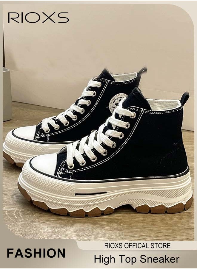 RIOXS Women's Casual Canvas Sneakers, Classic High Top Sneakers, Lightweight Lace Up Shoes, Fashion Breathable Platform Shoes, Comfortable Canvas Shoes For Women, Thick-soled Shoes For Daily Wear, Work, Shopping, Travelling, Ladies Athlesiure Shoes  - Image 3