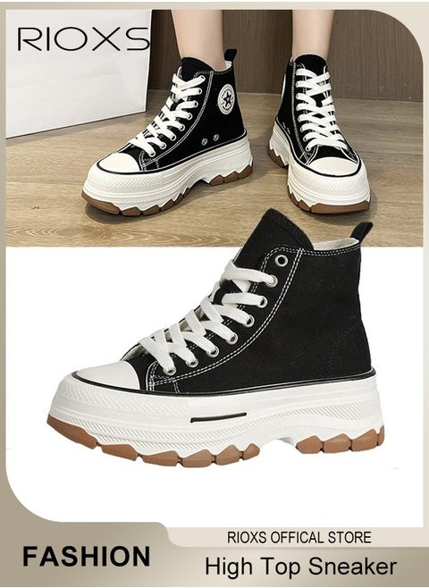 Women's Casual Canvas Sneakers, Classic High Top Sneakers, Lightweight Lace Up Shoes, Fashion Breathable Platform Shoes, Comfortable Canvas Shoes For Women, Thick-soled Shoes For Daily Wear, Work, Shopping, Travelling, Ladies Athlesiure Shoes