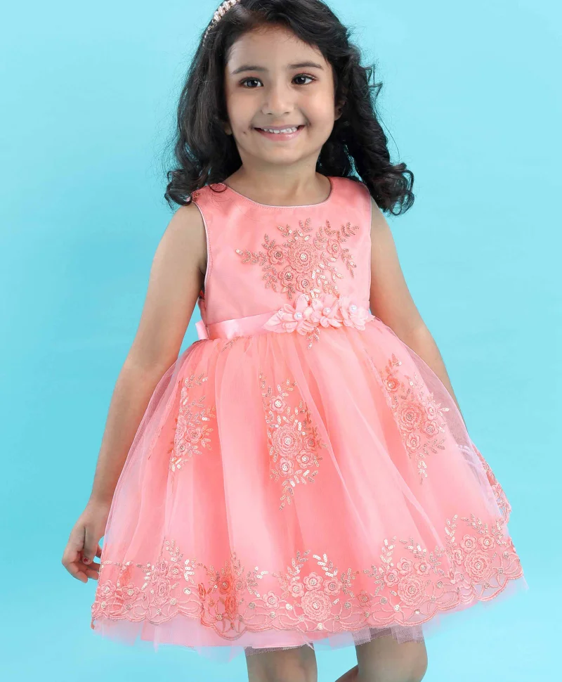 babyhug Babyhug Sleeveless Embroidered Party Frock -  Peach