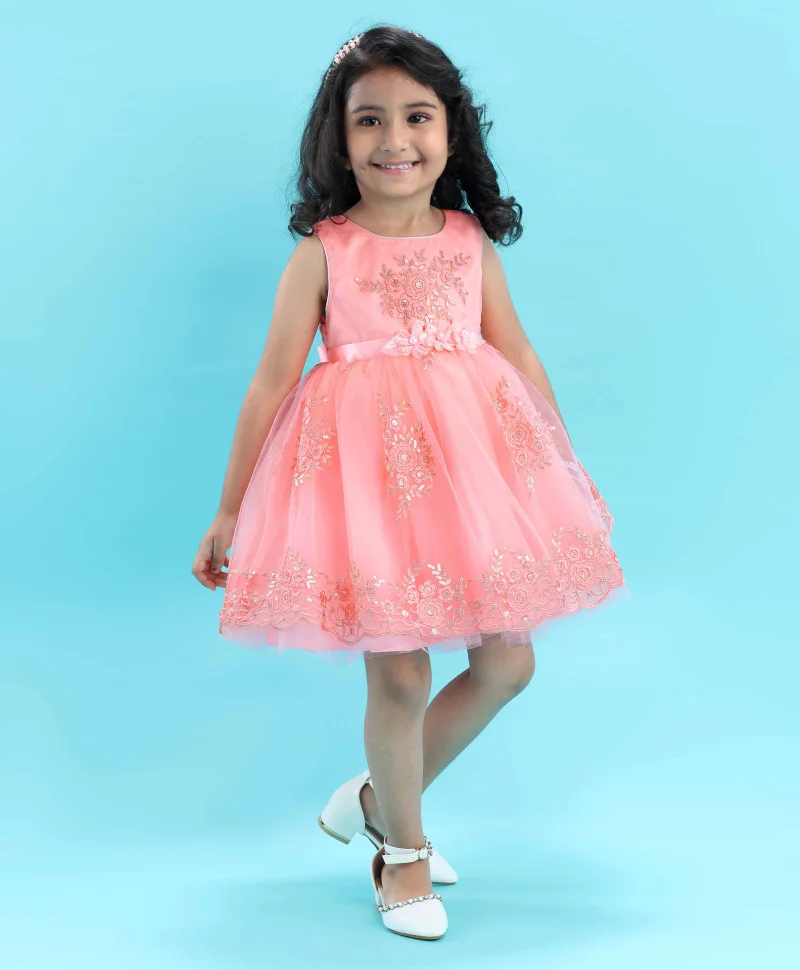 babyhug Babyhug Sleeveless Embroidered Party Frock -  Peach