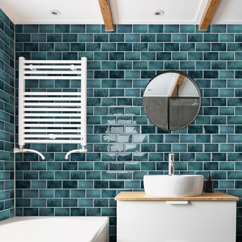 DEWOO Teal Green Peel and Stick Subway Tile Backsplash Self Adhesive Brick Stickers for Kitchen Bathroom Wall, 10-Sheet, 12"×12" - Image 3