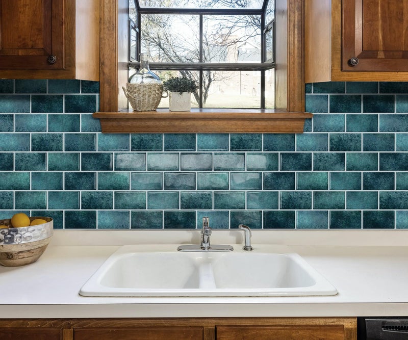 DEWOO Teal Green Peel and Stick Subway Tile Backsplash Self Adhesive Brick Stickers for Kitchen Bathroom Wall, 10-Sheet, 12"×12" - Image 5