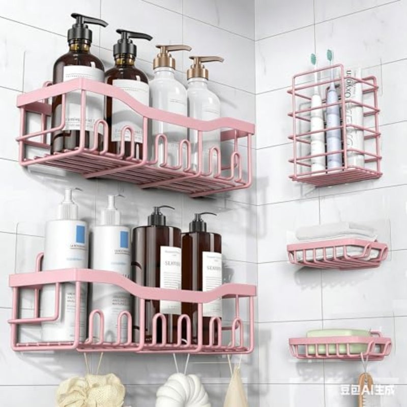 Adhesive Shower Caddy, 5 Pack Rustproof Stainless Steel Bath Organizers With Large Capacity, No Drilling Shelves for Bathroom Storage and Home Decor