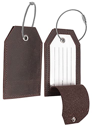 AGBIADD Genuine Leather Set of 2 Luggage Tag with Full Back Privacy Name ID Card Stainless Steel Loop Suitcase Labels Identifiers Baggage Tags Luggage for Women Men Travel (Coffee) - Image 1