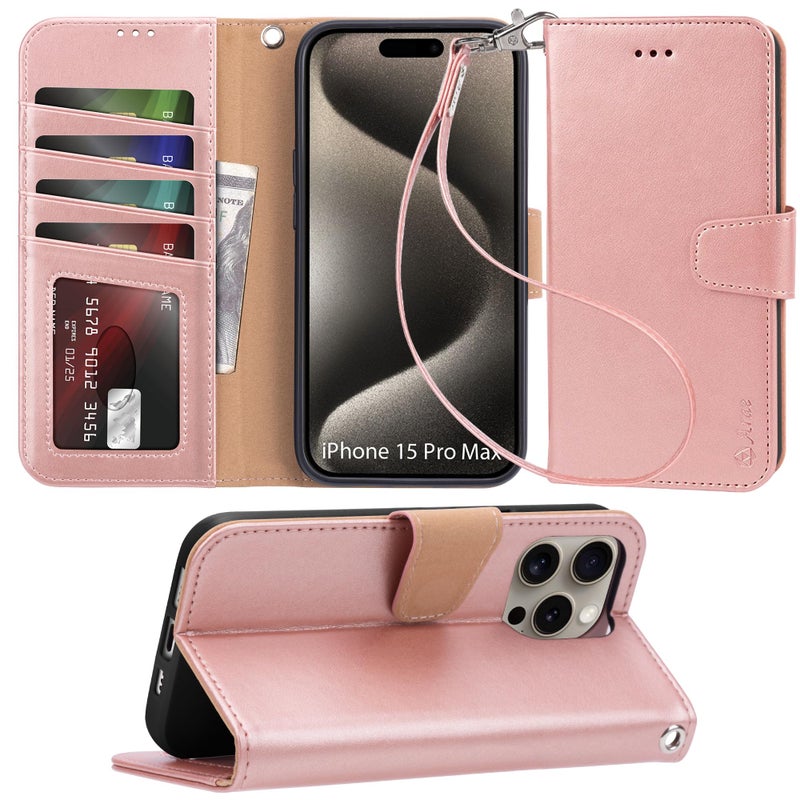 Arae Compatible with iPhone 15 Pro Max Case with Card Holder and Wrist Strap Wallet Flip Cover for iPhone 15 Pro Max 6.7 inch,Rose Gold - Image 1