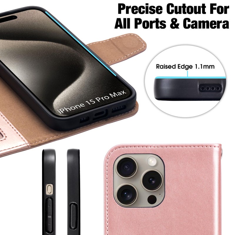 Arae Compatible with iPhone 15 Pro Max Case with Card Holder and Wrist Strap Wallet Flip Cover for iPhone 15 Pro Max 6.7 inch,Rose Gold - Image 4