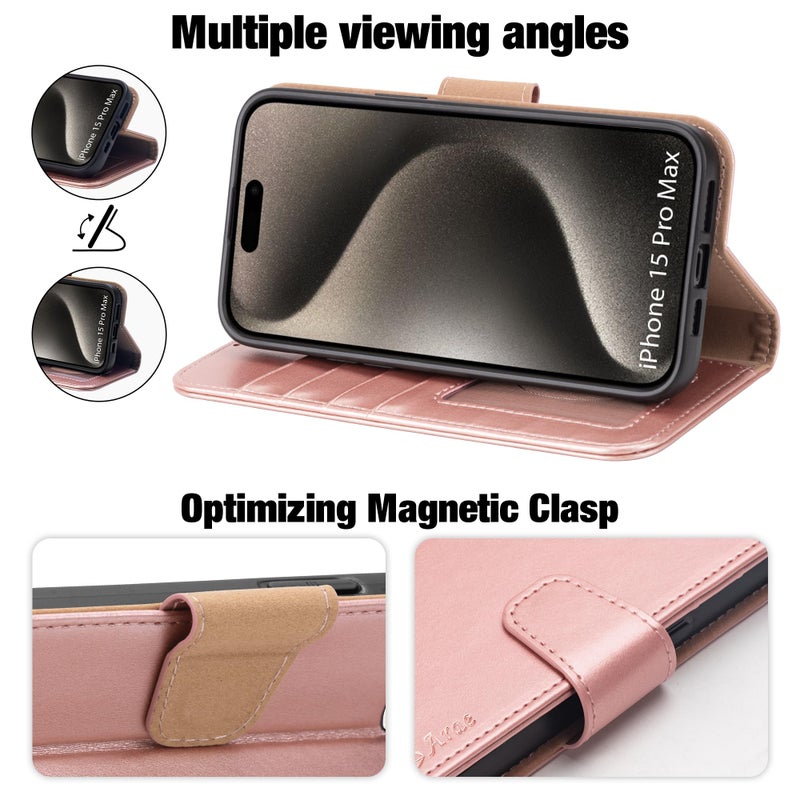 Arae Compatible with iPhone 15 Pro Max Case with Card Holder and Wrist Strap Wallet Flip Cover for iPhone 15 Pro Max 6.7 inch,Rose Gold - Image 3