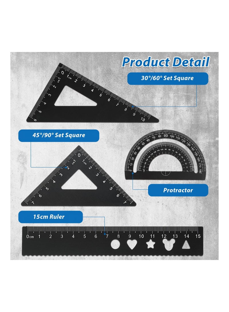 4Pcs Triangular Scale Ruler Set, Geometric Protractor Mathematical Triangle Aluminum for School and Office Supplies Math Rulers Kids Adults Draftsman (Black) - Image 2