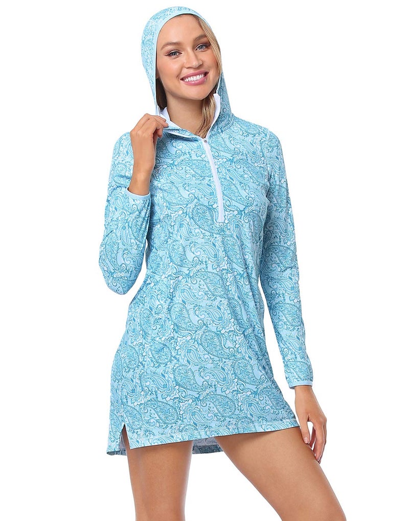 HDE Beach Coverups for Women UPF 50 Long Sleeve Swim Cover Up Dress with Hood Quick Dry Sun Protection Tunic with Pockets Teal Paisley - M - Image 2