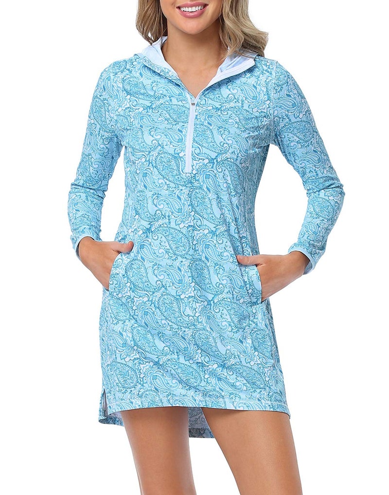 HDE Beach Coverups for Women UPF 50 Long Sleeve Swim Cover Up Dress with Hood Quick Dry Sun Protection Tunic with Pockets Teal Paisley - M - Image 1