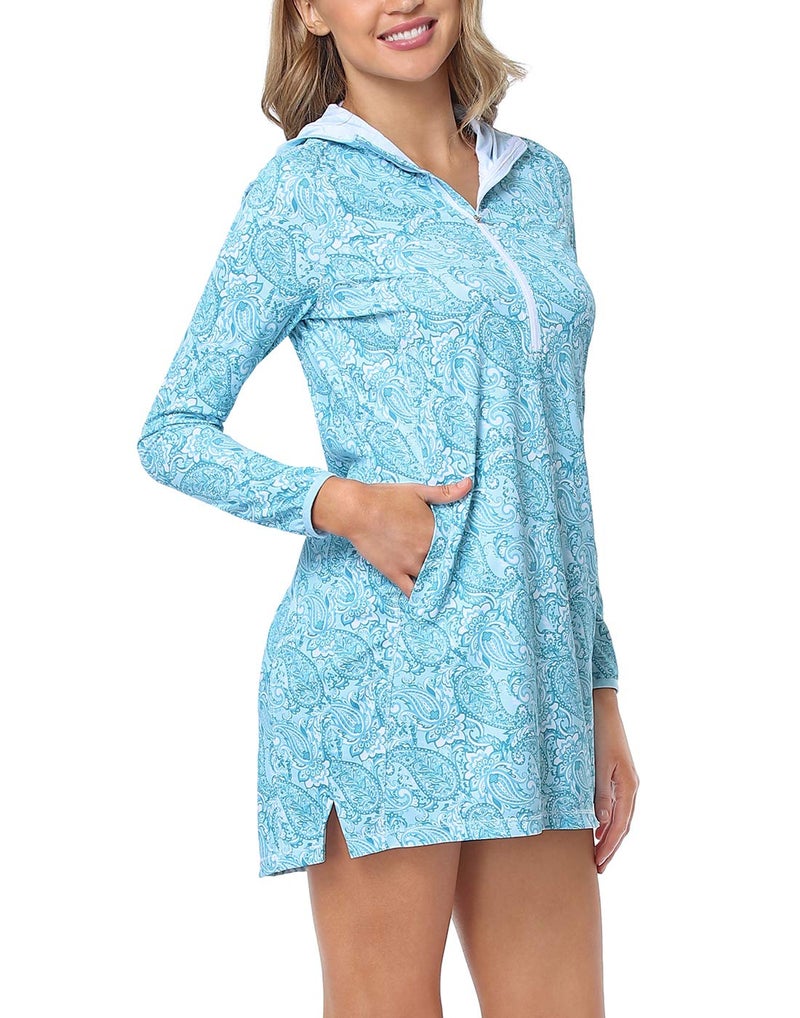 HDE Beach Coverups for Women UPF 50 Long Sleeve Swim Cover Up Dress with Hood Quick Dry Sun Protection Tunic with Pockets Teal Paisley - M - Image 3