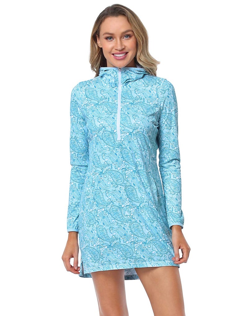 HDE Beach Coverups for Women UPF 50 Long Sleeve Swim Cover Up Dress with Hood Quick Dry Sun Protection Tunic with Pockets Teal Paisley - M - Image 4