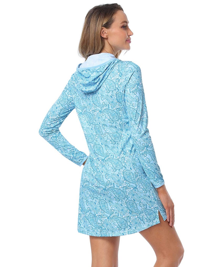 HDE Beach Coverups for Women UPF 50 Long Sleeve Swim Cover Up Dress with Hood Quick Dry Sun Protection Tunic with Pockets Teal Paisley - M - Image 5