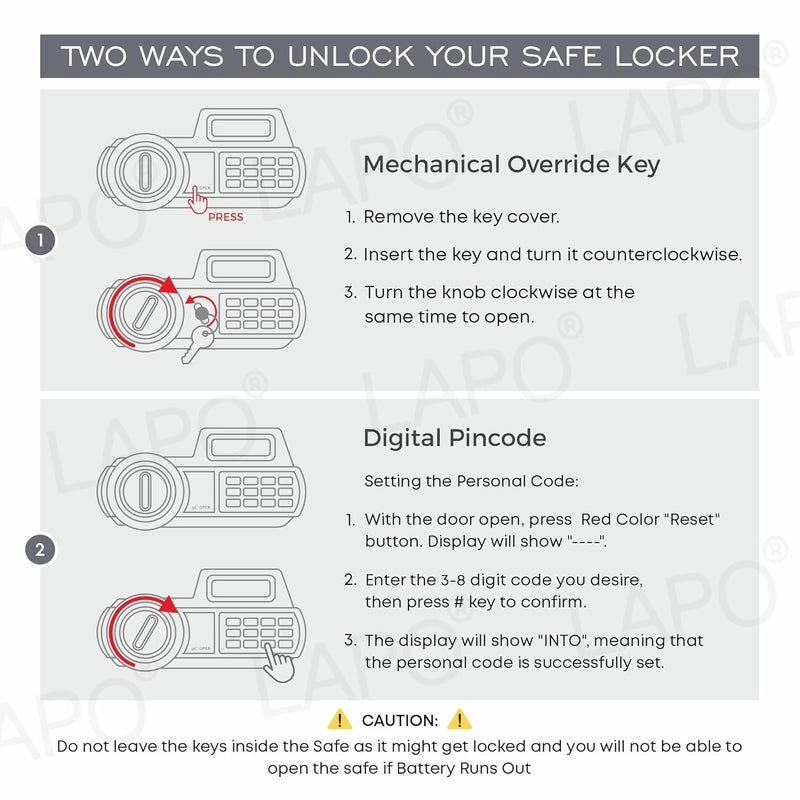 LAPO صندوق خزنة أمان للمنزل، خزنة آمنة مع لوحة مفاتيح إلكترونية ومفاتيح طوارئ مع شاشة LCD، صندوق تيجوري للمنزل، المكتب، غرفة النوم، ضمان لمدة 2 سنة (فولاذ سبائكي، سعة 10 لترات، الوزن-4.8 كجم، رمادي) - Image 5