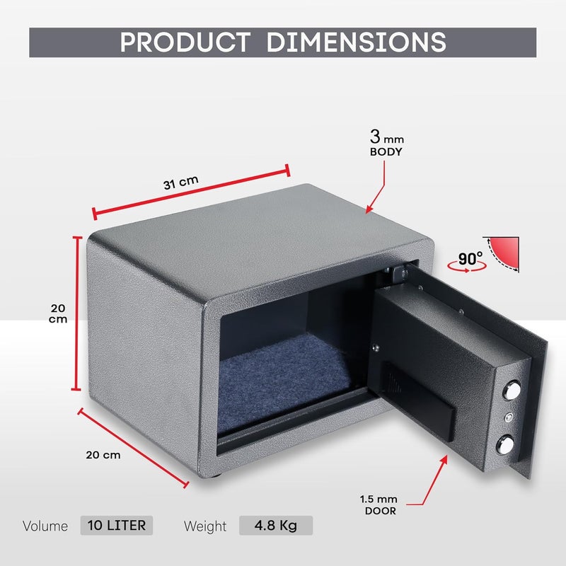 LAPO صندوق خزنة أمان للمنزل، خزنة آمنة مع لوحة مفاتيح إلكترونية ومفاتيح طوارئ مع شاشة LCD، صندوق تيجوري للمنزل، المكتب، غرفة النوم، ضمان لمدة 2 سنة (فولاذ سبائكي، سعة 10 لترات، الوزن-4.8 كجم، رمادي) - Image 2