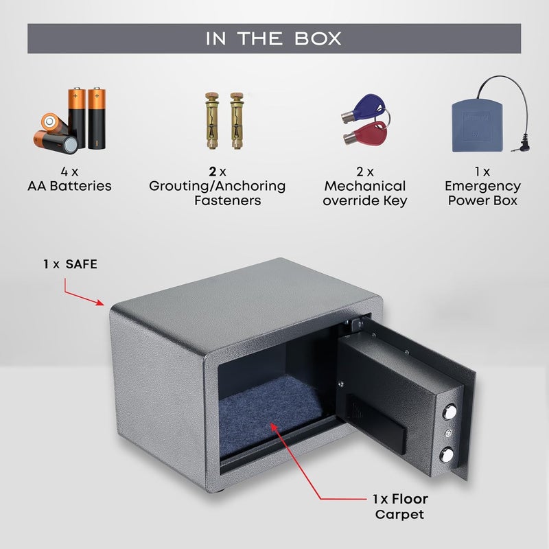 LAPO صندوق خزنة أمان للمنزل، خزنة آمنة مع لوحة مفاتيح إلكترونية ومفاتيح طوارئ مع شاشة LCD، صندوق تيجوري للمنزل، المكتب، غرفة النوم، ضمان لمدة 2 سنة (فولاذ سبائكي، سعة 10 لترات، الوزن-4.8 كجم، رمادي) - Image 4