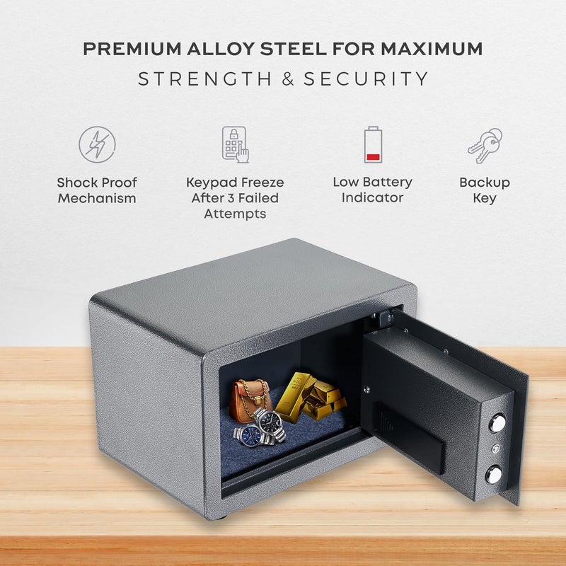LAPO صندوق خزنة أمان للمنزل، خزنة آمنة مع لوحة مفاتيح إلكترونية ومفاتيح طوارئ مع شاشة LCD، صندوق تيجوري للمنزل، المكتب، غرفة النوم، ضمان لمدة 2 سنة (فولاذ سبائكي، سعة 10 لترات، الوزن-4.8 كجم، رمادي) - Image 3
