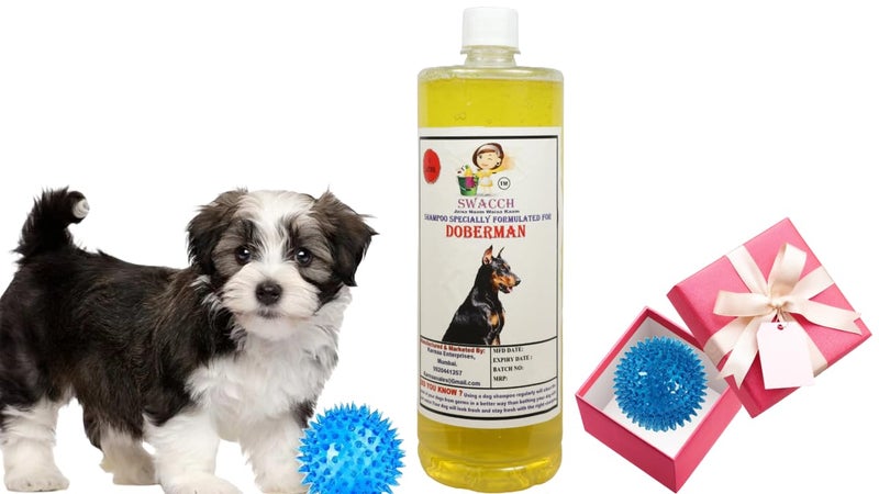 swacch Shampoo | Puppy Safe Shampoo | PH Balanced | Ditch to Itch for Doberman Shampoo 1 Litre (Lemon) + Spike Ball Chew Toy Combo Pack - Image 1