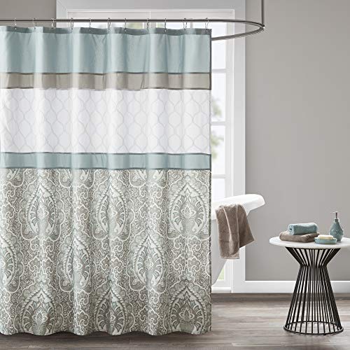 510 DESIGN Shower Curtain, Geometric Textured Embroidery Design with Built-in Liner, Modern Mid-Century Bathroom Decor, Machine Washable, Fabric Privacy Screen 72x72, Shawnee, Seafoam - Image 1