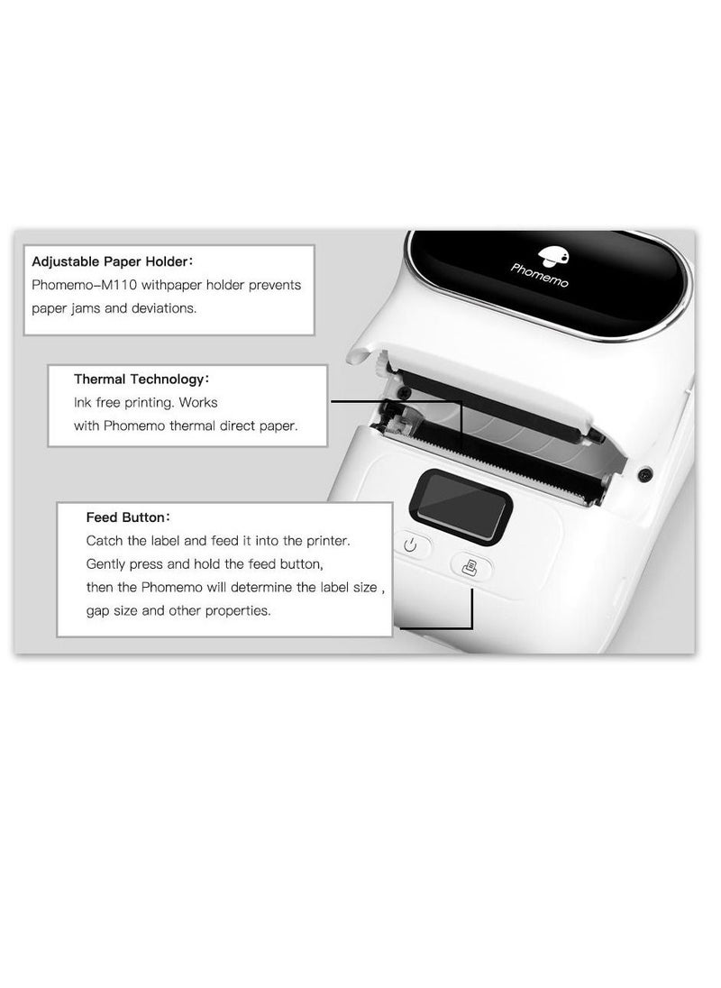 phomemo Phomemo M110 Portable Thermal Label Printer Bluetooth Connection Apply For Labeling Shipping Office Cable Retail Barcode And More with 1 40×30mm Label Roll White  - Image 2