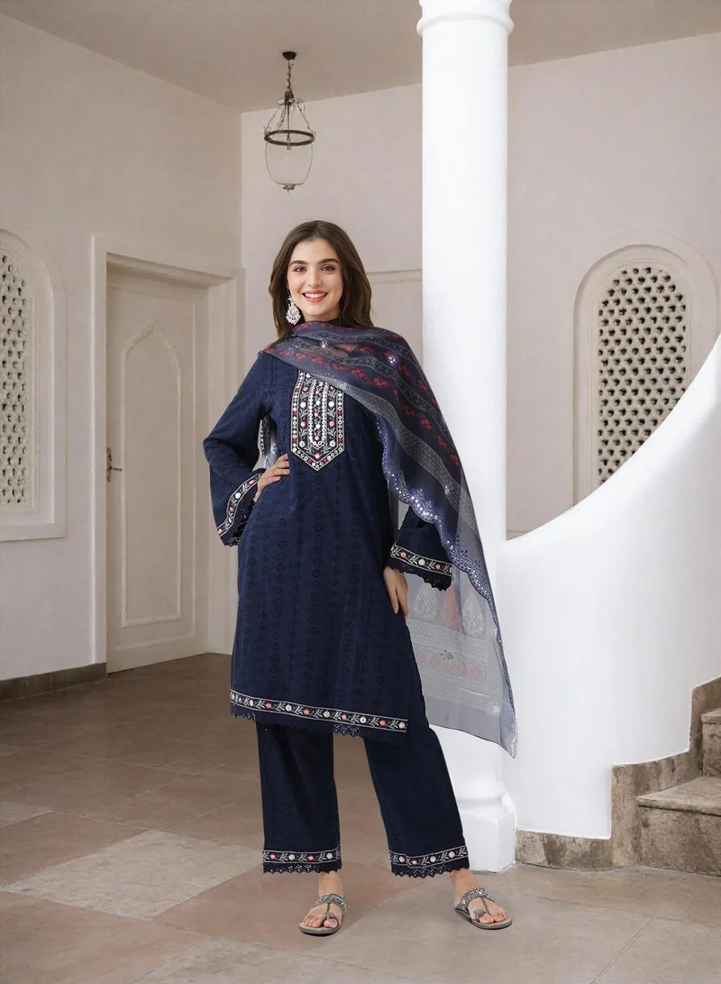 آي شين Women's Navy Blue Cotton Blend Embellished Tunic Full Length Palazzo Straight Fit Kurta Set