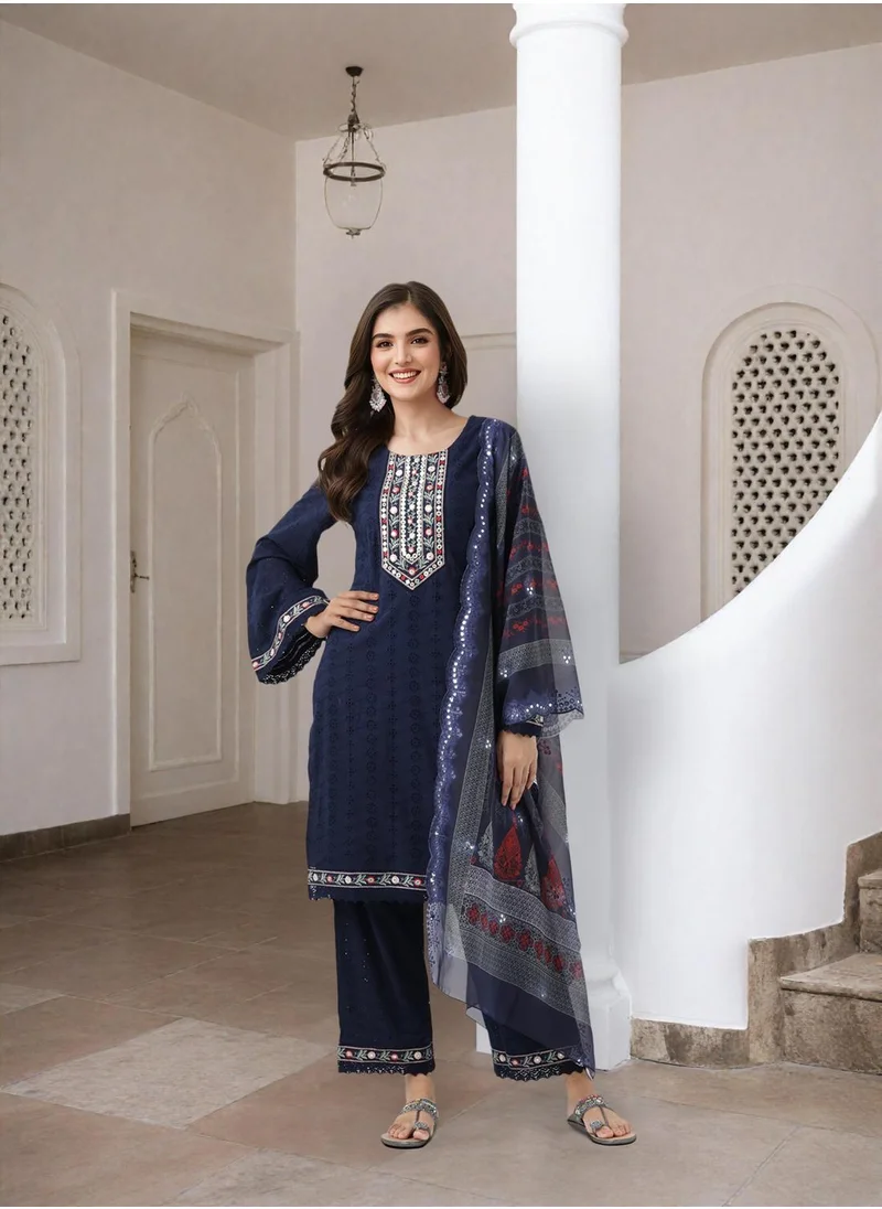 آي شين Women's Navy Blue Cotton Blend Embellished Tunic Full Length Palazzo Straight Fit Kurta Set