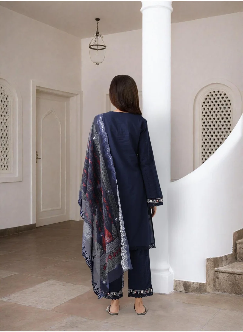 آي شين Women's Navy Blue Cotton Blend Embellished Tunic Full Length Palazzo Straight Fit Kurta Set