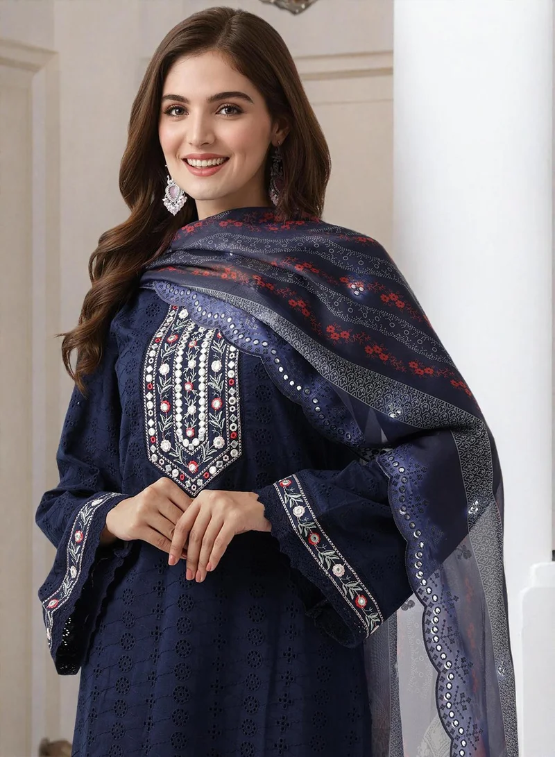آي شين Women's Navy Blue Cotton Blend Embellished Tunic Full Length Palazzo Straight Fit Kurta Set