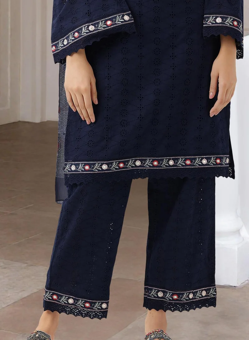 آي شين Women's Navy Blue Cotton Blend Embellished Tunic Full Length Palazzo Straight Fit Kurta Set
