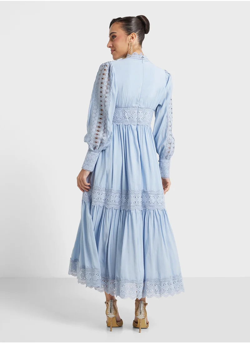 Khizana Tiered A-Line Dress With Lace Trims