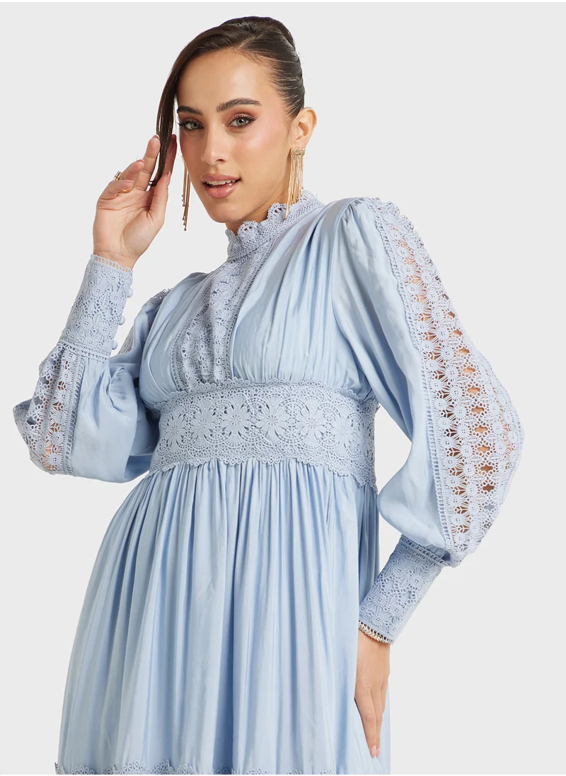 Khizana Tiered A-Line Dress With Lace Trims