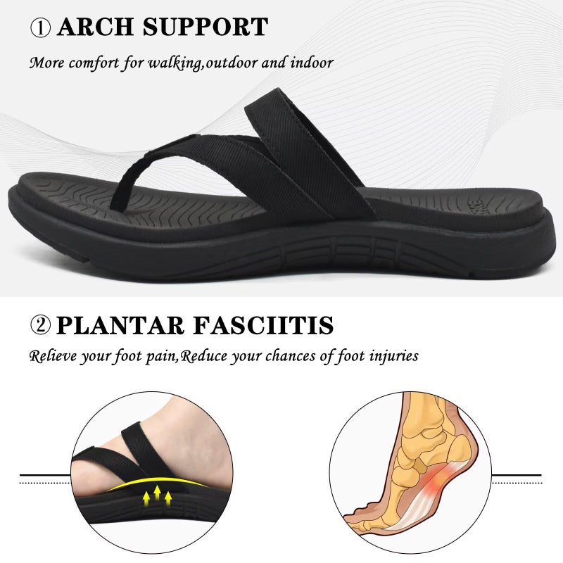 COFACE Womens Orthopedic Flip Flops Ladies Slip On Athletic Yoga Mat Memory Foam Cushioned Recovery Walking Thong Sandals Summer Beach Pool Slippers Plantar Fasciitis Arch Support All Black Size 7 - Image 3