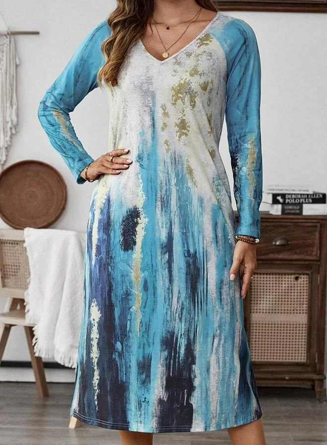 تايك تو فستان ميدي بأكمام طويلة وطبعة ألوان مائية