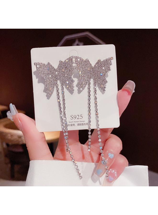 925 Silver Needle Delicate Bow Light Luxury Pearl Earrings Simple High-end Ear Studs Elegant Long Tassel Earrings 