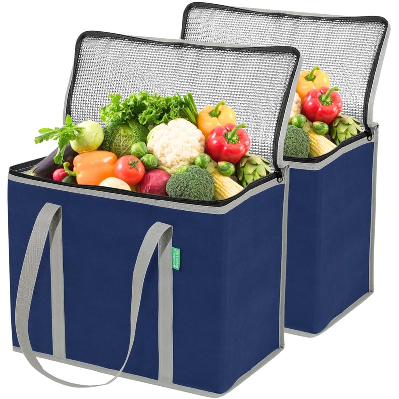 Creative Green Life XL Insulated Reusable Grocery Bags (2-Pack) - Premium Quality Cooler Bags with Hard Bottom Insert - Stands Upright, Machine Washable, Sturdy Zipper - Insulated Bag for Food Delivery Bag (Navy Blue) - Image 1