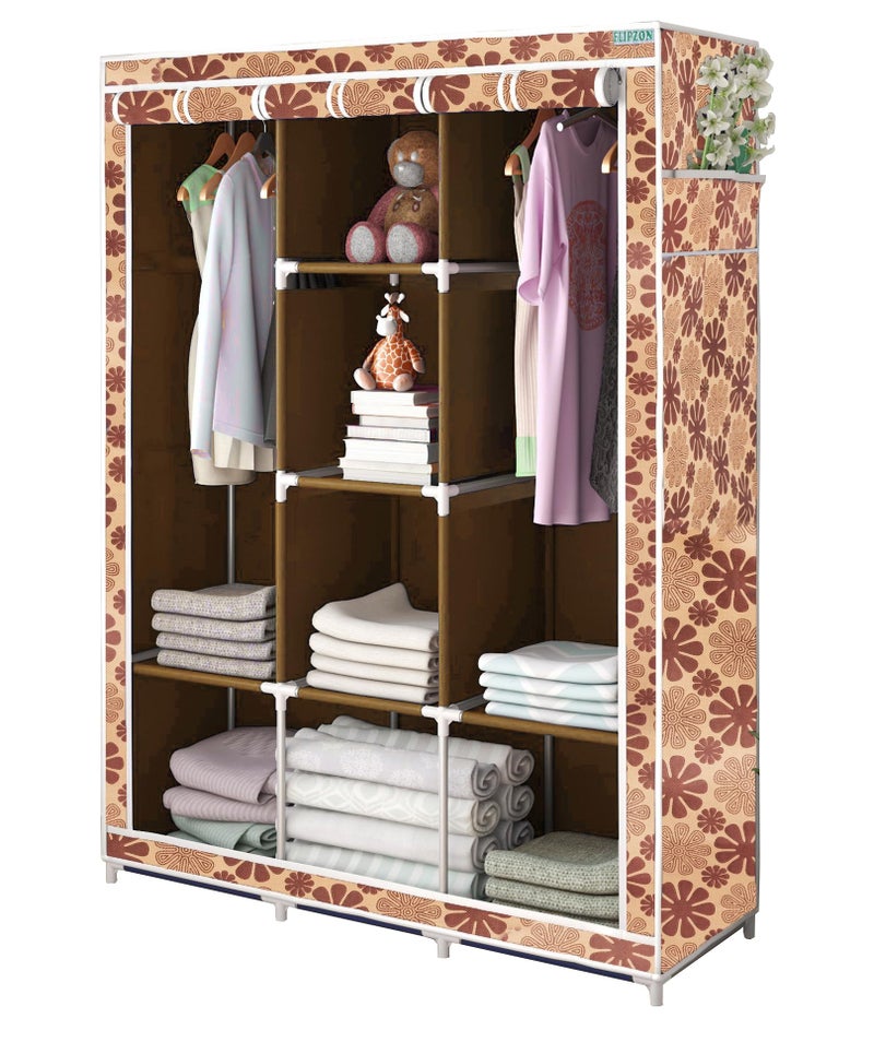 FLIPZON Metal 6 + 2 Shelves 3 Door Fancy Collapsible Wardrobe For Clothes Racks With Zip Door Cover & Side Pockets, Foldable Diy(Do-It-Yourself), Grey - Image 5