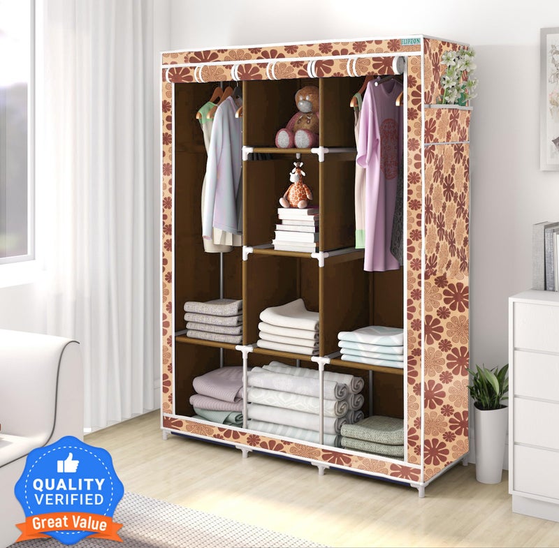 FLIPZON Metal 6 + 2 Shelves 3 Door Fancy Collapsible Wardrobe For Clothes Racks With Zip Door Cover & Side Pockets, Foldable Diy(Do-It-Yourself), Grey - Image 4