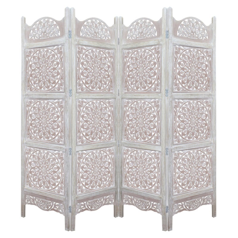 Cotton Craft Room Divider Wood Floor Screen  Medallion White Wash  4 Folding Panel 72 x 80  Hand Carved Assembled Portable Reversible Functional Decorative Partition  Boho Small Spaces Privacy  COTTON CRAFT