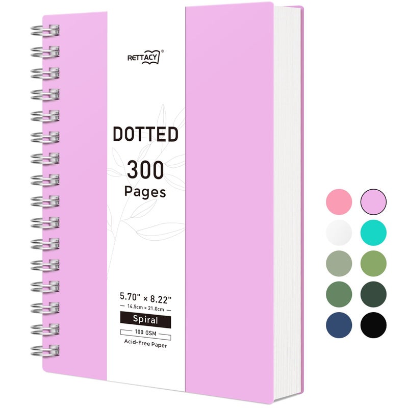 RETTACY Dotted Journal Notebook, 300 Pages, A5 Medium Size (5.7'' Ã— 8.2''), 100 GSM Thick Paper, Flexible Plastic Cover, Spiral-bound, for Bullet Journaling, Planning, Tracking (Lilac) - Image 1