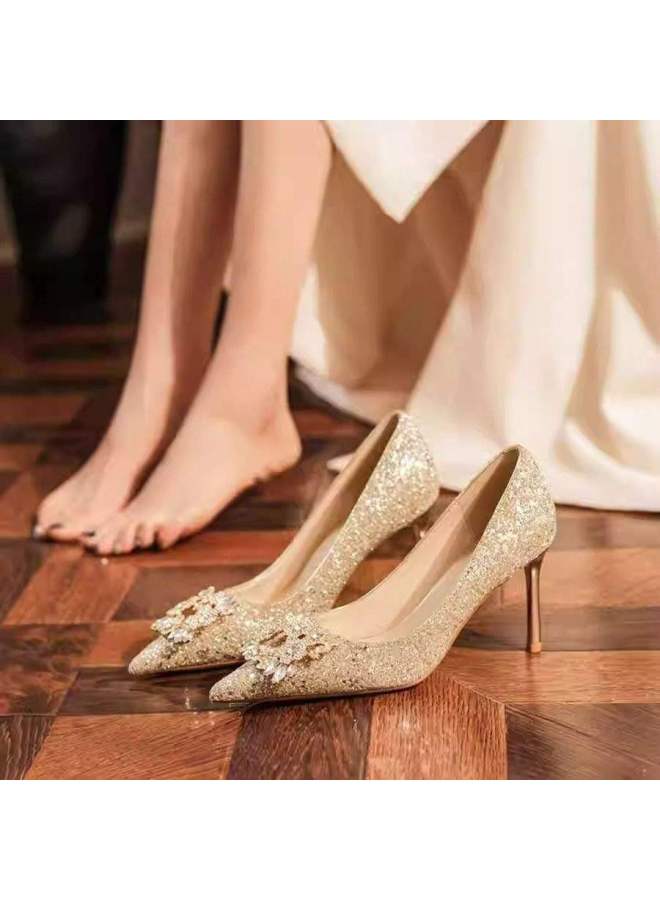 Sequined Wedding Shoes, Bridal Shoes, Pointed Toe Stiletto Heels, French Style Crystal Shoes, Elegant And Beautiful Princess High Heels For Weddings
